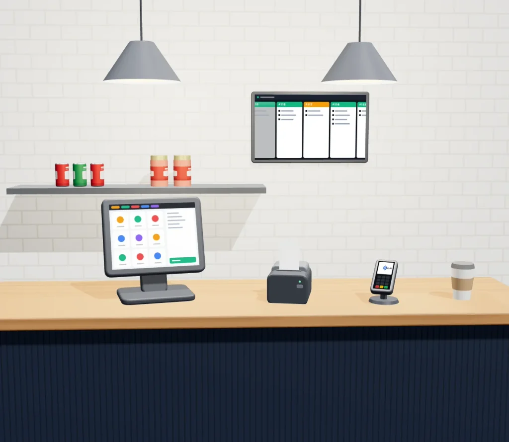 Comptoir de restaurant avec caisse tactile, imprimante de tickets et terminal de paiement ; écran cuisine au mur affichant les commandes.