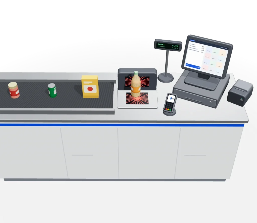 Ligne de caisse : tapis roulant, scanner, afficheur client, terminal de paiement, caisse tactile sur son tiroir et imprimante de tickets.